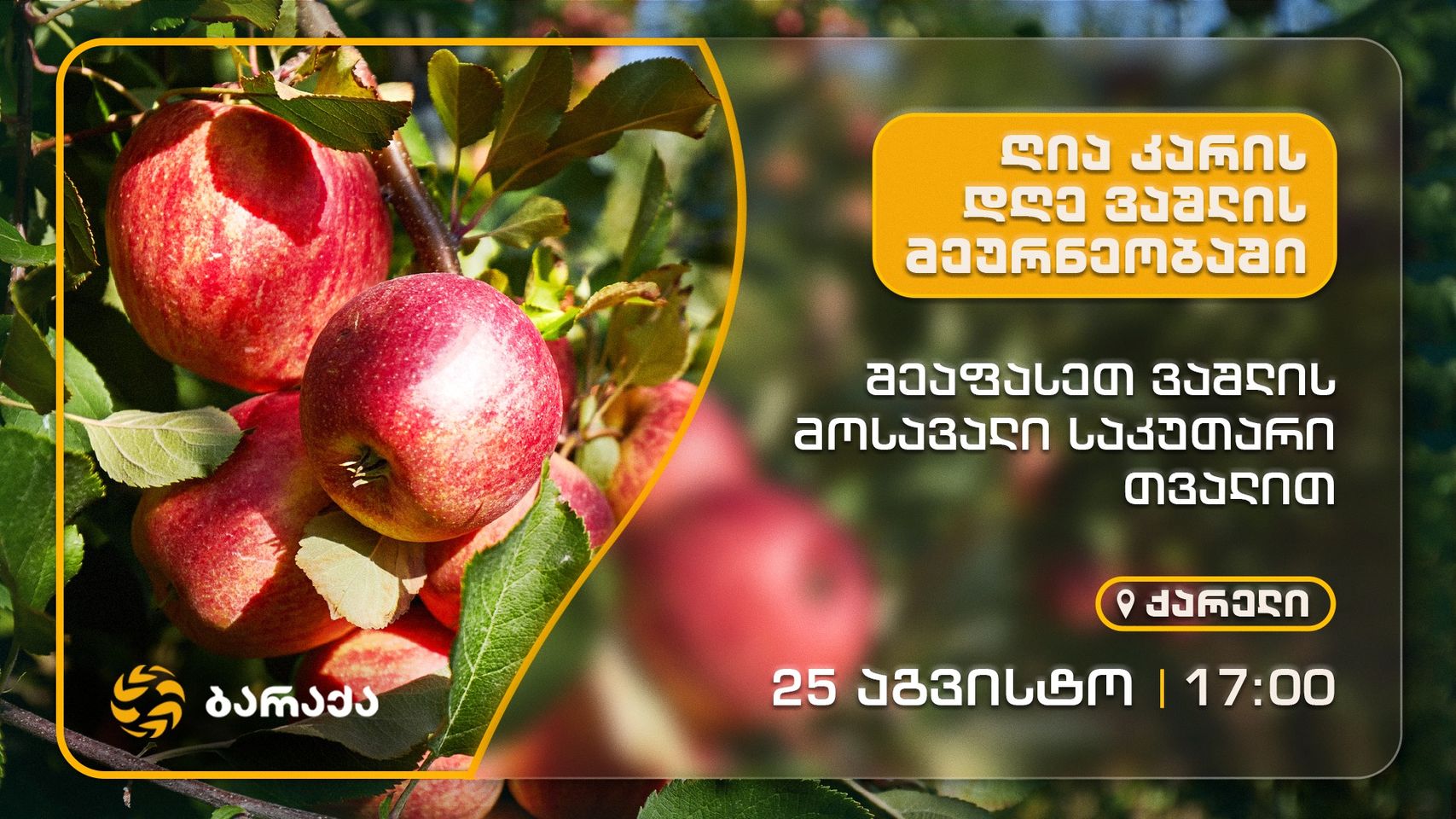 კომპანია “ბარაქა” 25 აგვისტოს, 17:00 საათზე ვაშლის წარმოებით დაკავებული ფერმერებისთვის ღია კარის დღეს აწყობს ქარელში