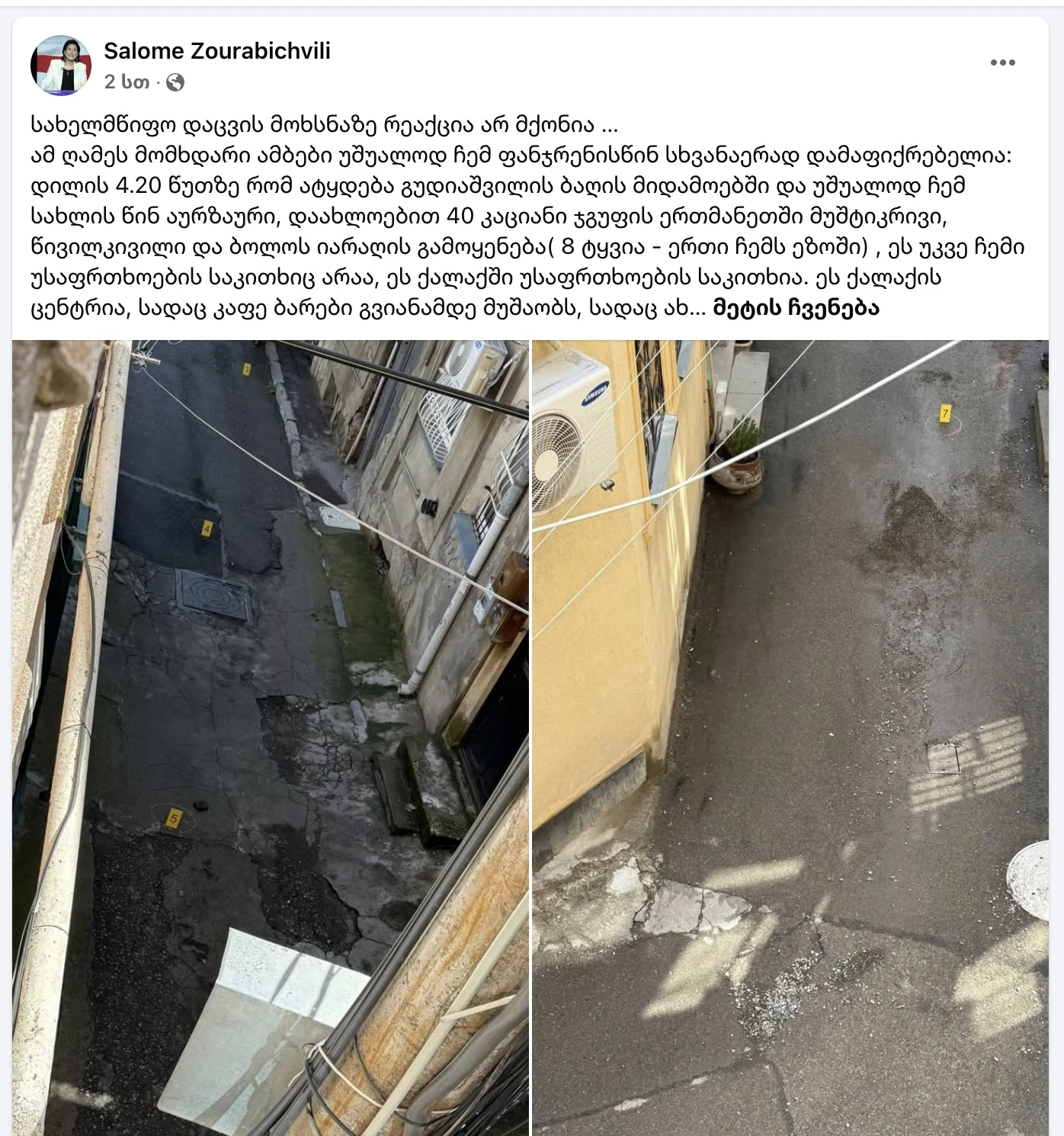 “8 ტყვია – ერთი ჩემს ეზოში”- რას წერს სალომე ზურაბიშვილი